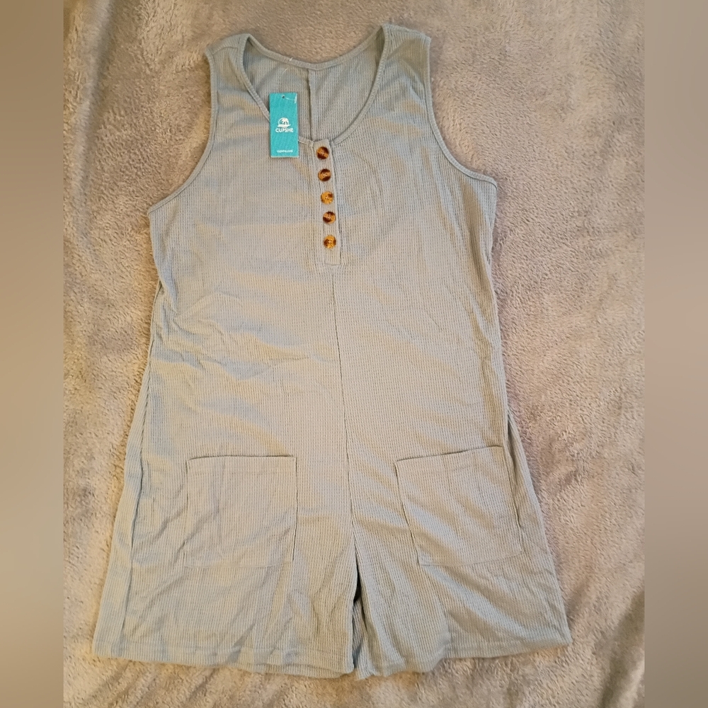 Cupshe Light Blue Ribbed Tank Romper with Button Front